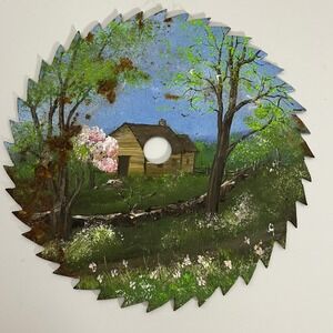 Hand Painted Saw Blade Art Cabin‎ in Woods Folk Art Wall Decor Vintage 7"